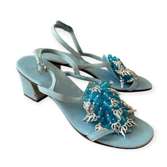 Vintage 60s Amalfi by Rangoni Beaded Mod Heel Sandals 5.5M – Blue, Made in Italy - Picture 2 of 15
